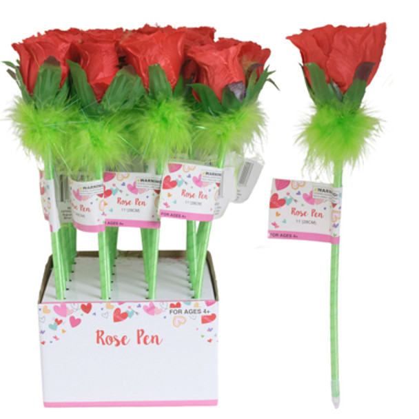 ROSE BALLPOINT PEN 12IN RED W/GREEN FEATHER TRIM/24PC PDQ BARBELL LABEL