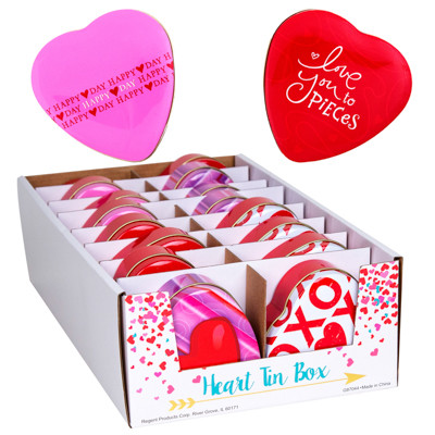 HEART TIN BOX 4AST PRINTS 3.7X3.5X1.5IN 16PC PDQ VAL/LBL