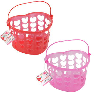 BASKET HEART SHAPE PLASTIC W/DIECUT HEARTS RED/PINK GLITTER 7.5 W X 4.5 H/VAL HT