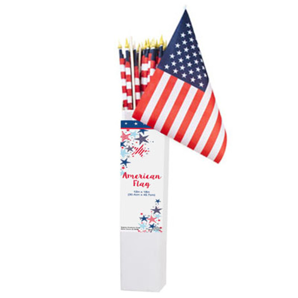 FLAG AMERICAN 48PC 12X18 ON 32 INCH WOODEN POLE PATRIOTIC LABEL COUNTER DISPLAY