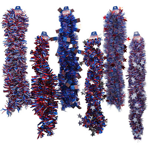 GARLAND TINSEL PATRIOTIC 9FT 6 STYLES PATRIOT BARBELL CARD