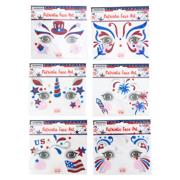 FACE ART SEQUIN DECOR PATRIOTIC 6AST DESIGNS ON 12PC MDSG STRIP/PB INSERT CARD