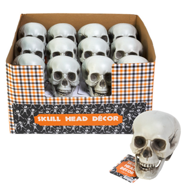 SKULL HEAD PLASTIC HALLOWEEN DECOR 4IN EA W/ HANGTAG IN 24PC COUNTER DISPLAY
