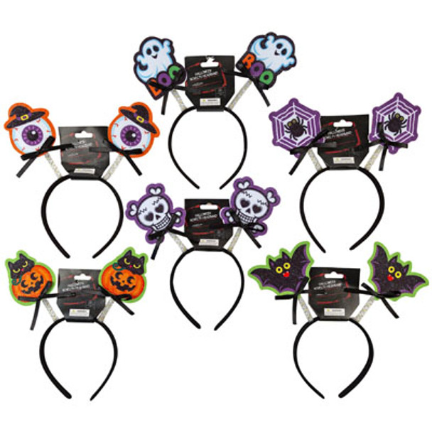 HEADBAND HEADBOPPER HALLOWEEN 6AST ICON W/BOW & GLITTER HLWN BARBELL