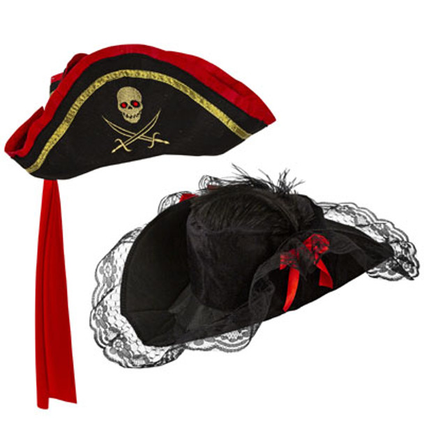 PIRATE HAT 2AST ADULT MEN/WOMEN LACEY BUCCANEER/CAPTAIN TRICORN PIRATE HANGTAG/JHOOK