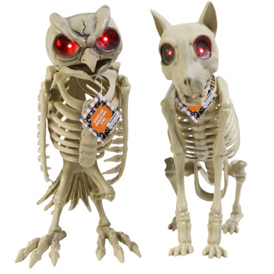 SKELETON ANIMAL JUMBO LIGHT-UP EYES 13IN OWL/12.5IN DOG HLWN HT