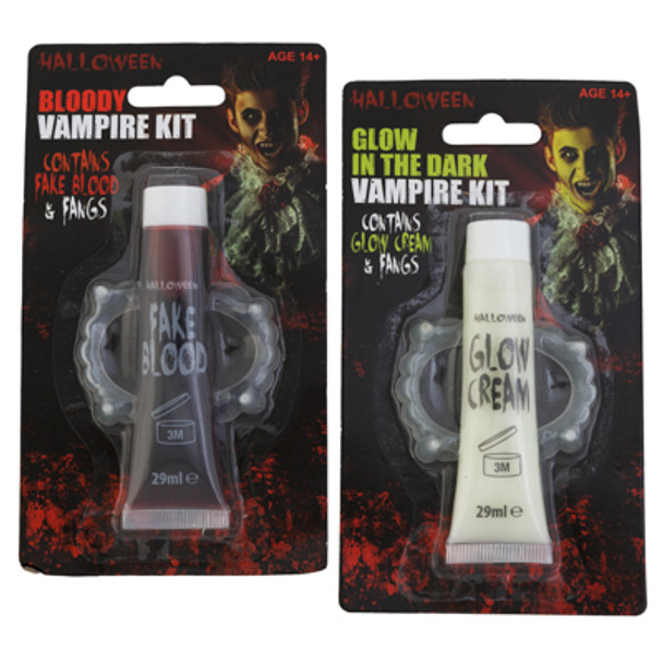BLOOD FAKE RED/GLOW CREAM WITH FANGS 0.9OZ/29ML TUBE BLISTERCARD
