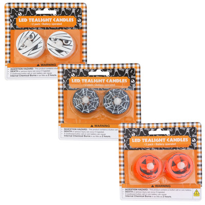 TEALIGHT HALLOWEEN 2PK/3AST12PC MDSG STRIP PUMP/WEB/MUMMY HALL BLC 1-CR2032 BATTERY INCLUDED