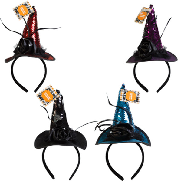 WITCH HAT HEADBAND DELUXE 4ASTCOLORS REVERSE SEQUIN/SATIN ROSEHANGTAG W/JHOOK