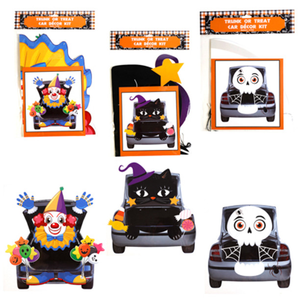 TRUNK OR TREAT PAPER CAR DECOR KIT 3ASST CLOWN/SKULL/CAT HLWN PB/INSERT