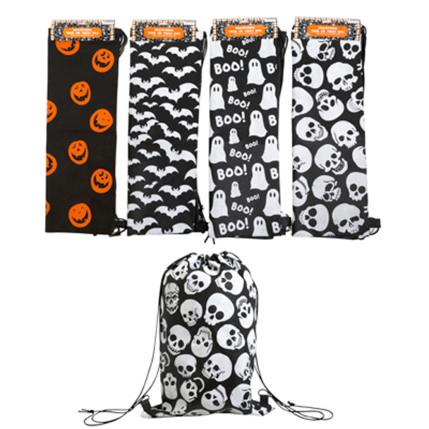 TRICK OR TREAT BAG JUMBO DRAWSTRING NONWOVEN 16X23IN 4AST PRINTS FOLDED W/HDR CARD