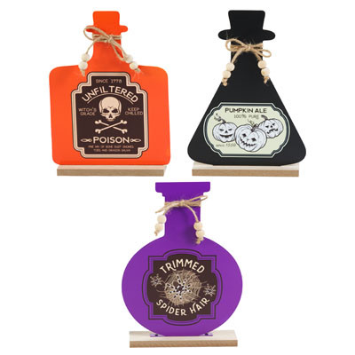 TABLE DECOR HALLOWEEN POISON BOTTLE METAL 5.25X7IN 3AST W/TWINE BOW & BEADS COMPLY/LABEL
