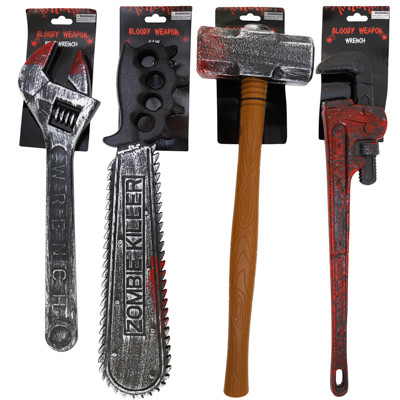 WEAPONS BLOODY COSTUME ACCESSORY 4AST 17.7-20.9IN WRENCH/HAMMER/SAW/PIPE WRENCH 1/2 TIE CARD