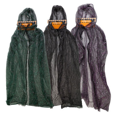 CAPE ADULT W/HOOD SHEER SPIDER WEB PRINT 3AST CLRS 32IN/HWLN HDR
