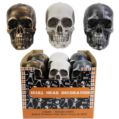SKULL HEAD PLASTIC DECOR 4.3X5.1X7IN GOLD/SILVER/NATURAL IN 12PC COUNTER DISPLAY
