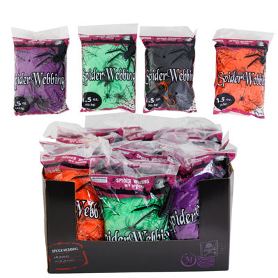 SPIDER WEBBING 1.5OZ 4AST COLORS W/4PC SPIDERS IN 36PC PDQ