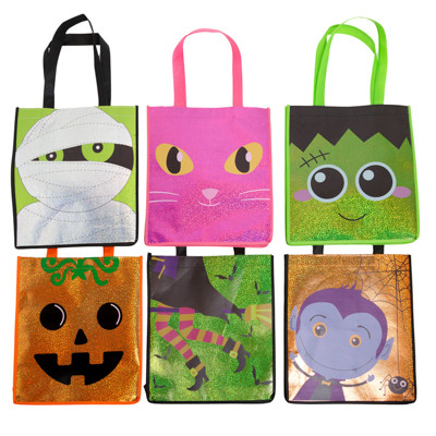 TRICK OR TREAT BAG 6AST DESIGNS W/LASER GROUND 12 X 2.75 X 13IN/HLWN HT