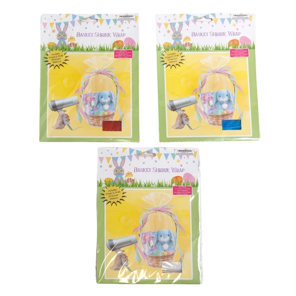 BASKET SHRINK WRAP PASTEL COLORS 24X30IN W/4 RIBBONS CLEAR/PINK/BLUE EASTER PRINTED PB/INSERT CARD