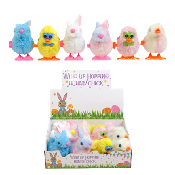 WIND UP HOPPING BUNNY OR CHICK W/GLASSES PLUSH AST COLORS 12PC PDQ W/EASTER HT