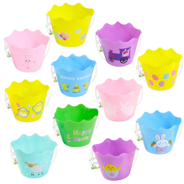 EASTER PRINT BUCKET W/HANDLE & SCALLOP TOP 11AST 6 X 7.5IN EASTER HANGTAG