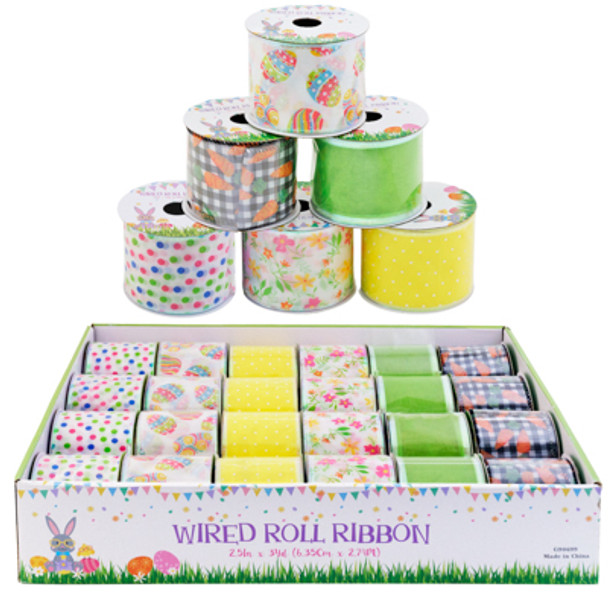WIRE RIBBON SPRING EASTER 6AST 2.5IN X 3YD 24PC PDQ