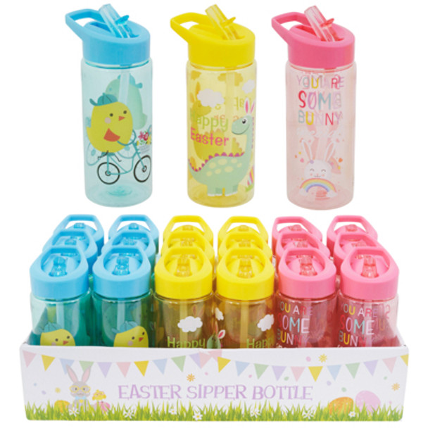 SIPPER BOTTLE W/STRAW EASTER 16OZ 3AST PRINTS/UPC LABEL/18PC PDQ