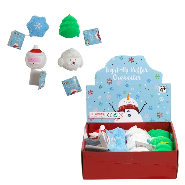 PUFF CHRISTMAS CHARACTER LITE-UP SQUEEZE STOCKING STUFFER 2X12PC PDQ TREE/SANTA/SNOMAN/SNOWFLAKE XM HNGTG