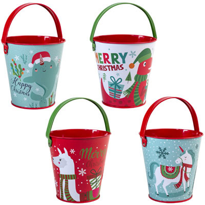 PAIL METAL CHRISTMAS 4AST 4IN W/HANDLE XMAS LABEL