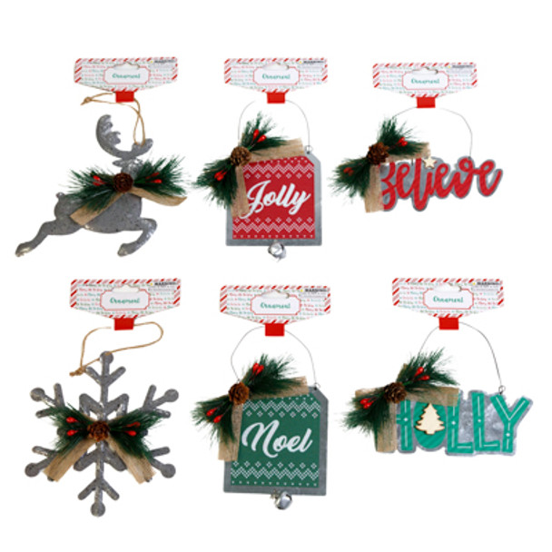 ORNAMENT GALVANIZED 6AST PINE DECOR W/3ASST PRINT XMAS HDR