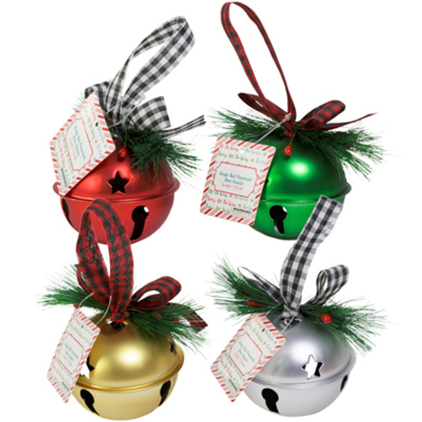 JINGLE BELL ORN/DOOR HANGER 3IN 4AST CLR EA W/2AST CHECK RIBBON W/PINE DECOR/XMAS HT