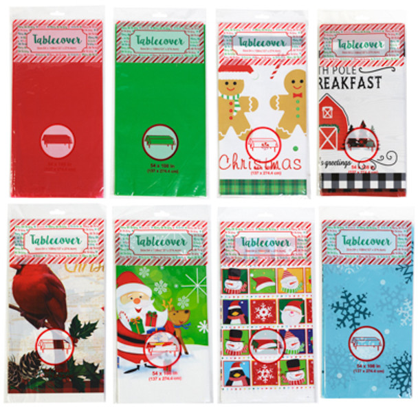 TABLECOVER CHRISTMAS 54X108 PE PLASTIC 6 BORDER PRINTS/2 SOLIDS PRINTED POLYBAG