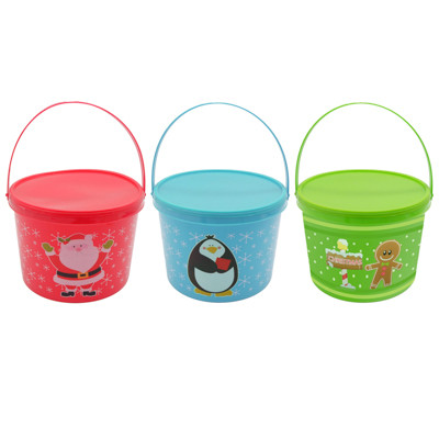 COOKIE BUCKET W/LID & HANDLE 3AST SANTA/PENGUIN/GINGERBRD PRINTS 6.75 X 4.5IN UPC LABEL