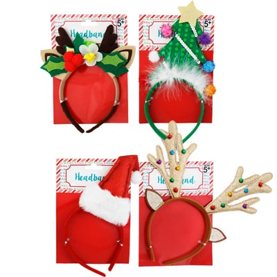HEADBAND CHRISTMAS 4ASST TREE/HAT/ANTLERS XMAS TCD W/BELLS/GLITTER/POMPOMS