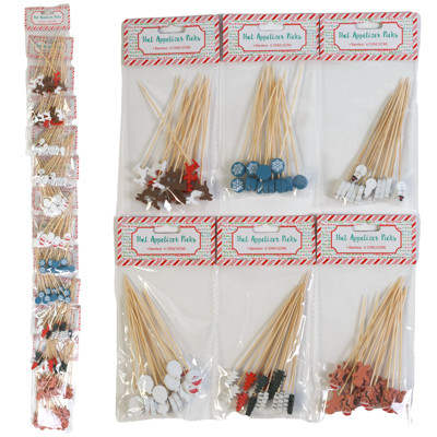 APPETIZER PICKS CHRISTMAS 16CT BAMBOO 4.72IN 6AST ICONS/XMAS ON MERCH STRIP