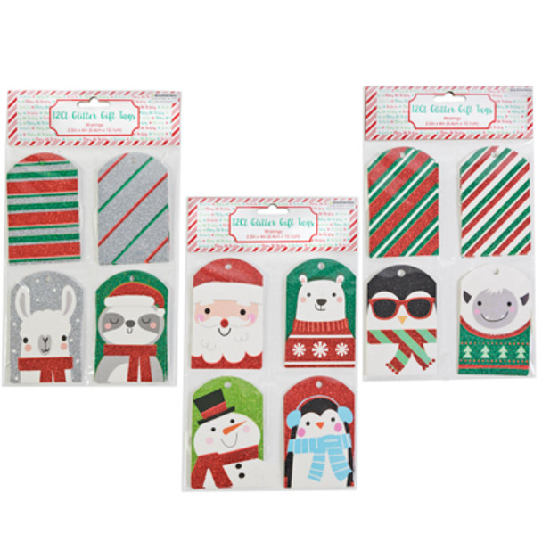 GIFT TAGS 12CT W/STRINGS 3AST W/GLITTER 4 DESIGNS PER PACK 2.5X4IN /24PC MDSGSTP CELLO SLEEVE/PB HDR INSERT
