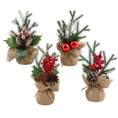 CHRISTMAS MINI TREE 11" PINE W/ BURLAP BASE & 4 ASST TRIM DECOR XMAS HT