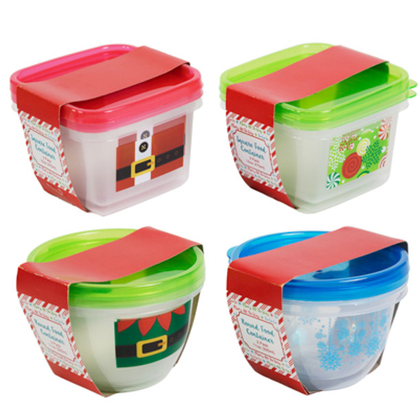 FOOD STORAGE CONTAINER 2PK SQUARE/ROUND W/4AST XMAS PRINTS SANTA/ELF/CANDY/SNOWFLAKE PTDSLV