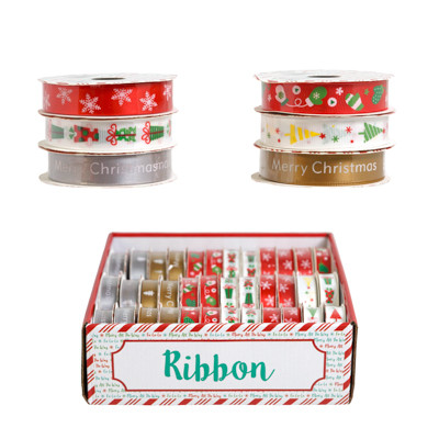 RIBBON HOLIDAY 6AST PRINTS 0.6X3YD GROSGRAIN/SATIN 36PC PDQ