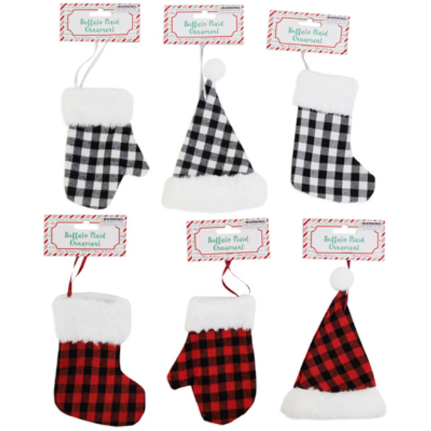 ORNAMENT BUFFALO PLAID W/FUR PLUSH TRIM MINI STOCKING/HAT/GLOVE 6AST XMAS HEADER CARD