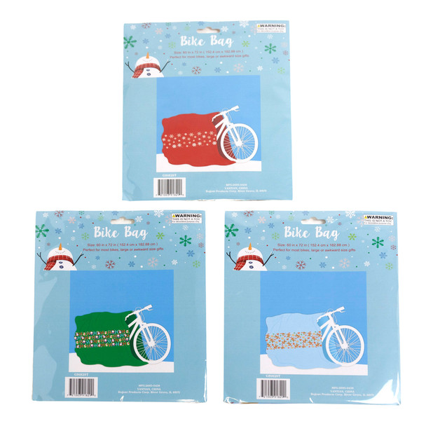 GIFT BAG BIKE 60X72IN PLASTIC 3AST CHRISTMAS DESIGN PB/INSERT