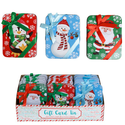 GIFT CARD TIN W/ SATIN RIBBON BOW TRIM 3AST XMAS PRINTS 3.5X0.6X4.5IN 24PC PDQ EASY PEEL LABEL