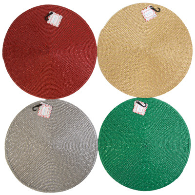 PLACEMAT ROUND CHRISTMAS SHINY TINSEL 15IN DIA RED/GOLD/SILVER/GREEN CHRISTMAS HT/JHOOK