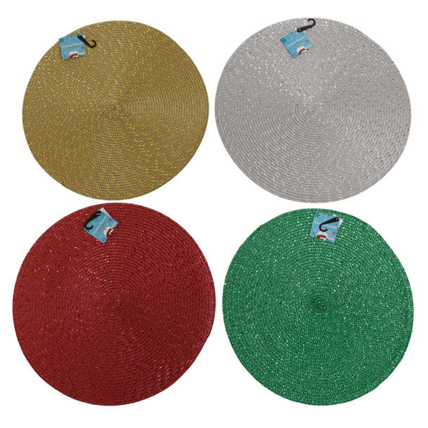 PLACEMAT ROUND CHRISTMAS SHINY TINSEL 15IN DIA RED/GOLD/SILVER/GREEN CHRISTMAS HT/JHOOK