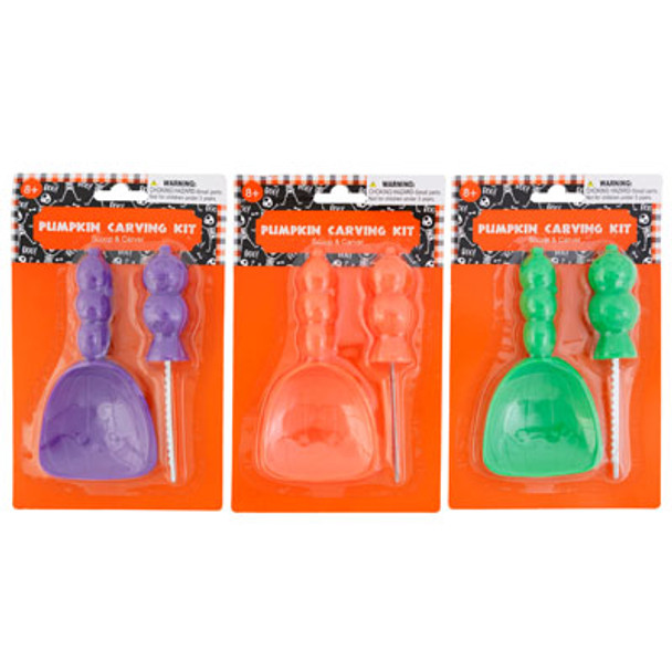 PUMPKIN CARVING KIT 2PC 3CLRS SCOOP/CARVER 12PC MERCHSTRIP PRELOADED BLISTER/PBSLV