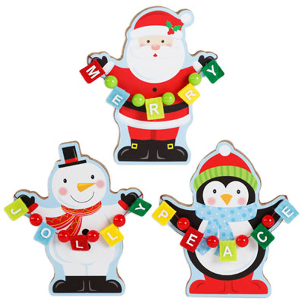 TABLE DECOR CHRISTMAS 3AST CHARACTER W/BEADED FELT BANNER 4.5 X 5.75IN COMPLY/LABEL