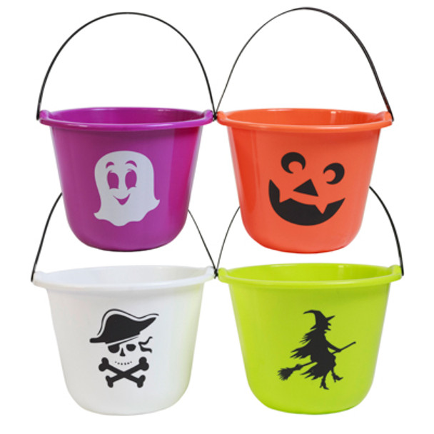 CANDY BUCKET W/HANDLE 5AST CHARACTER DESIGNS/COLORS 9IN DIA X 7IN H100G HW/HT