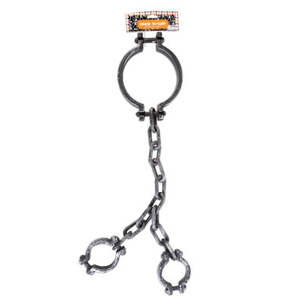 CHAIN W/NECK & HAND CUFF PLASTIC SILVER 29 X 7.5IN HLWN BARBELL