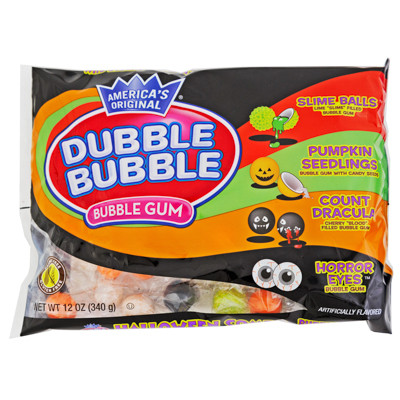 DUBBLE BUBBLE HALLOWEEN BUBBLE GUM COMBO BAG 4 ASSORTED TYPES OF GUMS IN 12 OZ LAYDOWN BAG