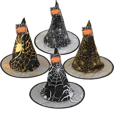 WITCH HAT KIDS 13IN 2AST WEB/SPIDER PATTERNS EA IN GOLD OR SILVER HT/JHOOK
