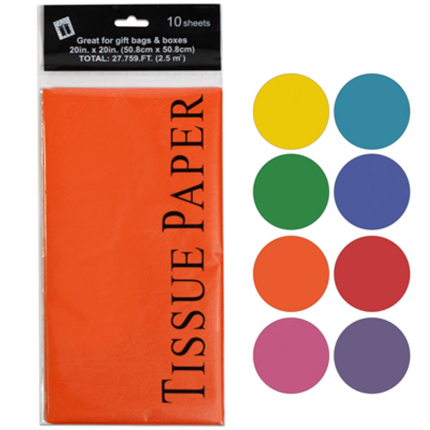TISSUE PAPER 10CT 8AST SOLID COLORS SHORTFOLD 20x20IN PRINTED POLYBAG